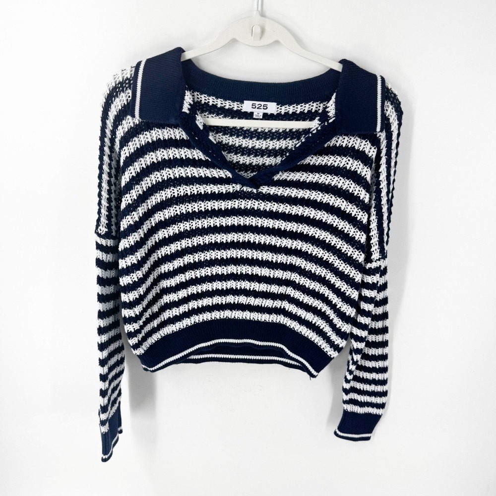 525 America Navy White Striped Cotton Knit Polo Sweater Womens Medium Cropped